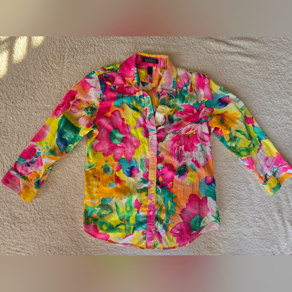Lauren Ralph Lauren Women's Spring Floral Cotton Button-Up Blouse Sz S